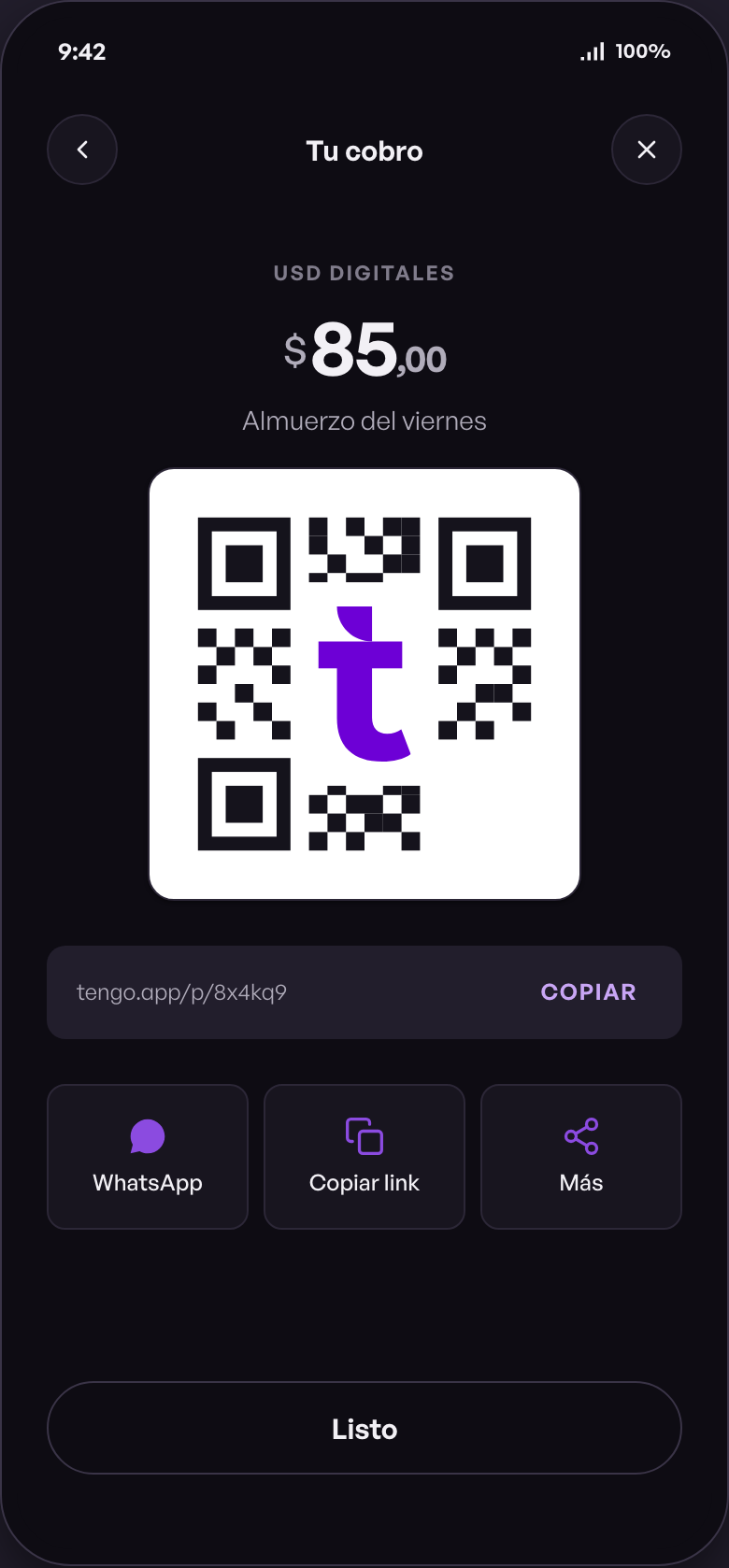 tengo payment request with QR code and shareable link