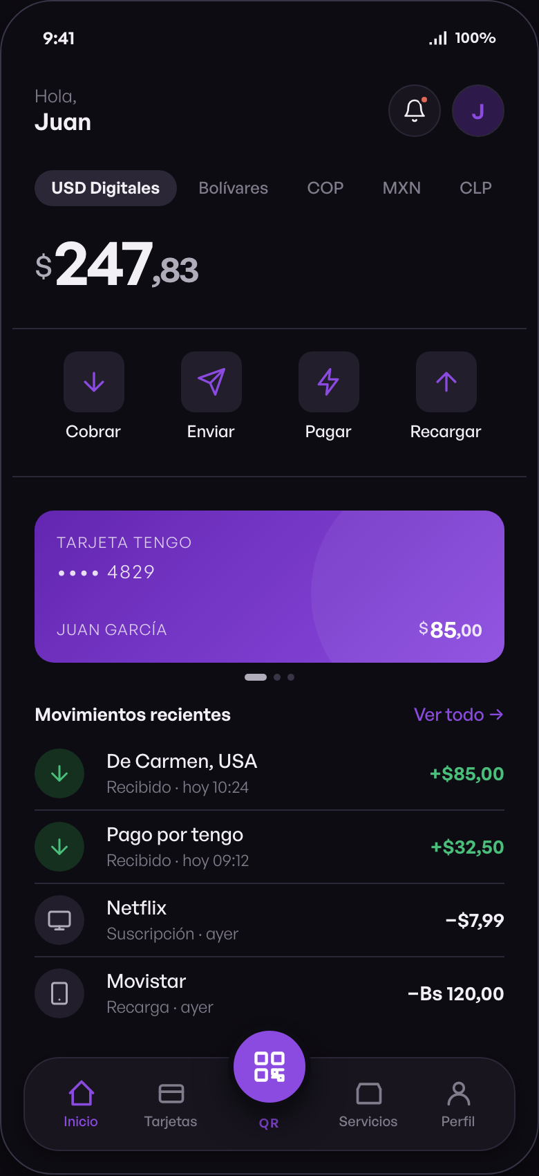 tengo home screen with balance, shortcuts, card and transactions