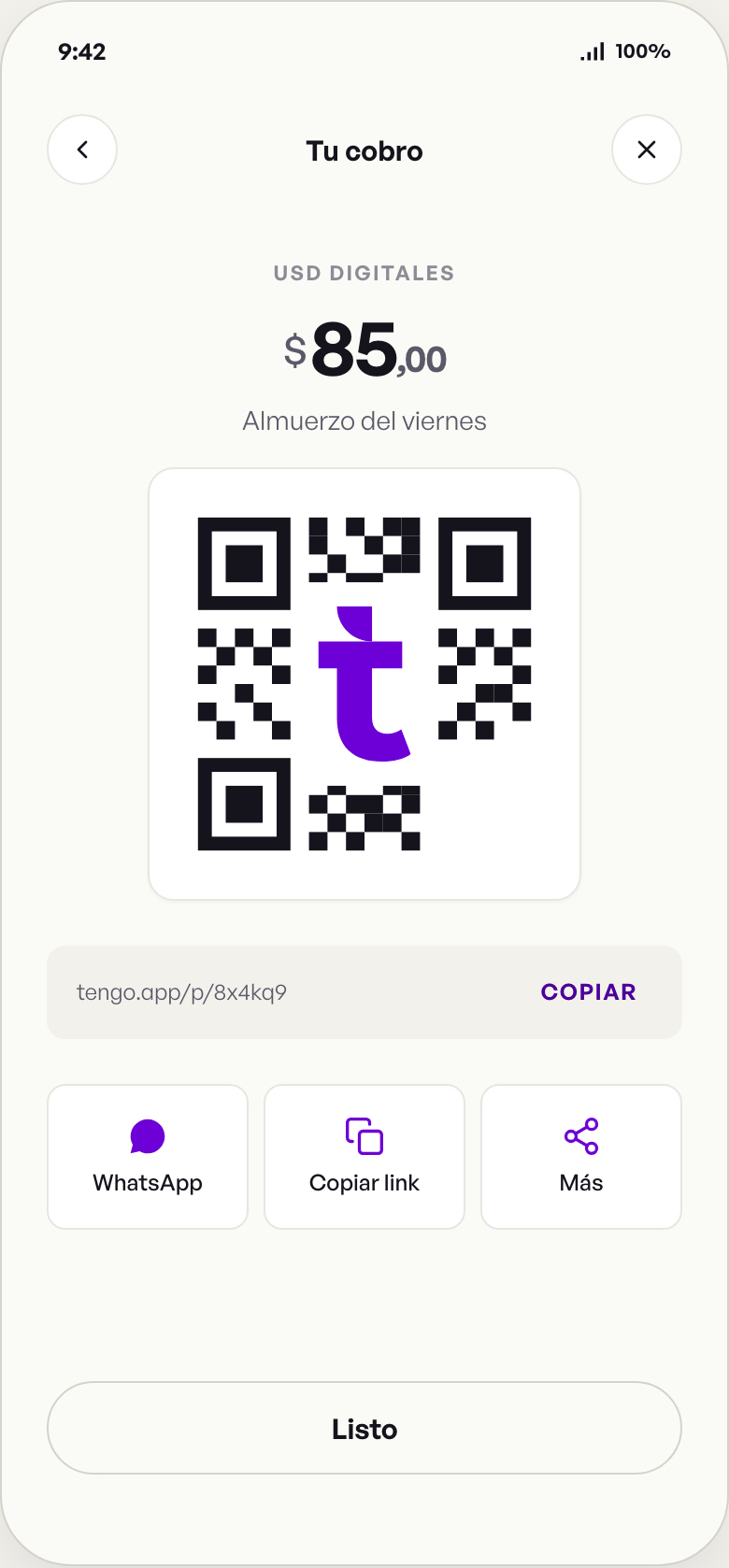 tengo payment request with QR code and shareable link