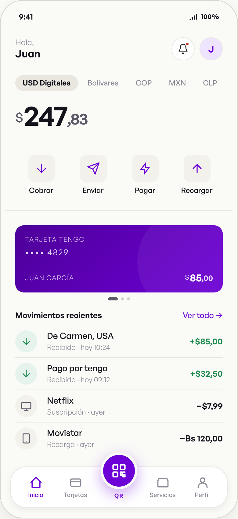 tengo home screen with balance, shortcuts, card and transactions
